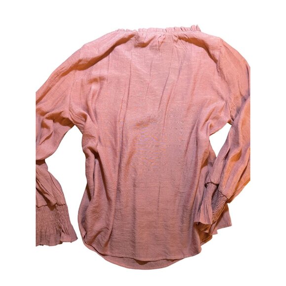 Rust Orange Long-Sleeve Blouse With Ruffle Neckline‎ & Smocked Cuffs - Picture 5 of 5